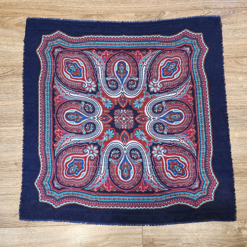 VINTAGE BOHO SQUARE SCARF WITH FRINGE 31 X 31 INCHES